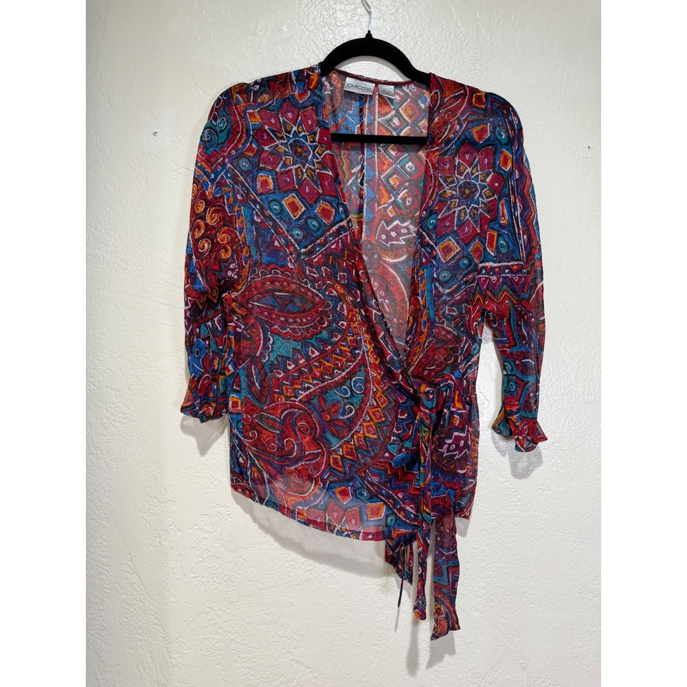 Chico's‎ Women Size 1 Multicolor Silk Paisley Geometric Wrap Top 3/4 Sleeve